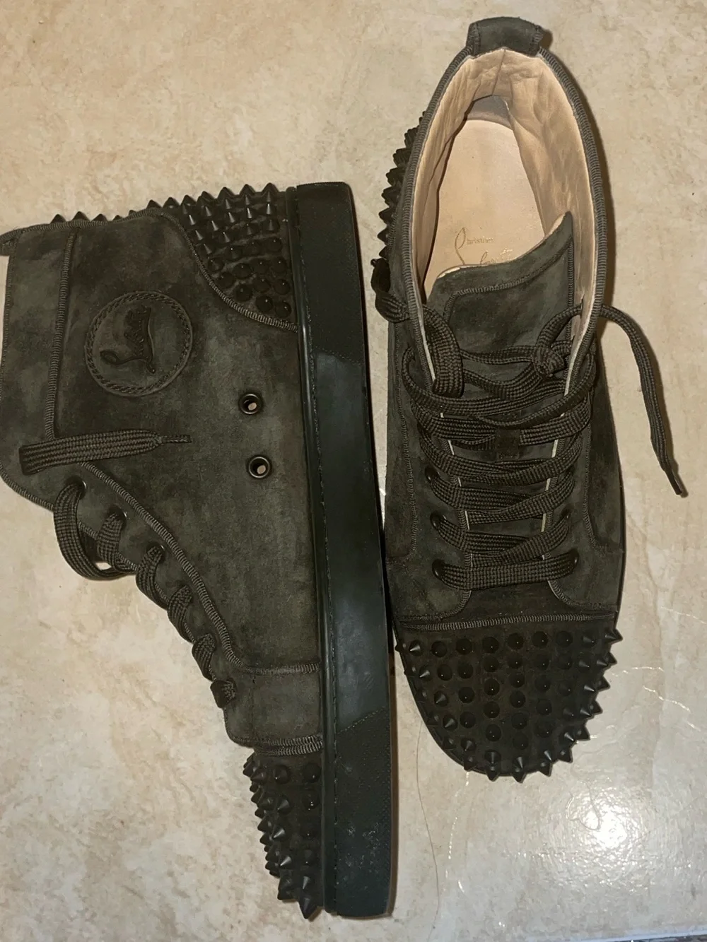 Olive green spiked Christian Louboutin Suede High Top Sneakers